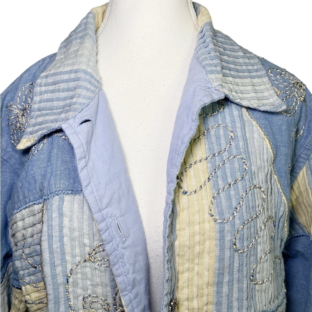 Tantrums Vintage Blue and Cream Patchwork Embroidered Jean Jacket - Picture 3 of 13